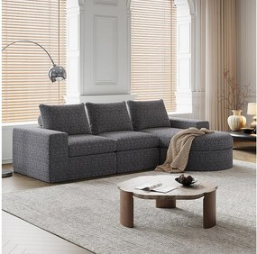 Szara sofa narożna - Sofa 3-osobowa z 3 poduszkami i 2 zagłówkami - szenil