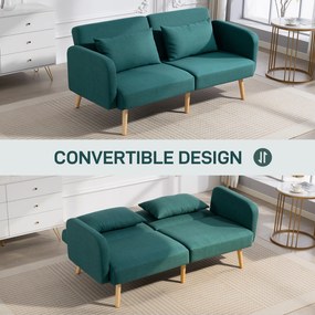 HOMCOM Sofa rozkładana, 3-osobowa sofa z funkcją spania, 2 poduszki, tapicerowana z regulowanym oparciem, wygląd lnu, Zielony