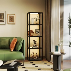 HOMCOM Lampa podłogowa LED z 4-półkowym regałem, regał świetlny z 4 szklanymi półkami, przełącznik nożny, MDF, Czarny