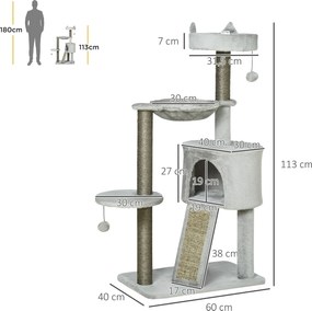 PawHut Drapak dla Kota Jasnoszary z Kryjówką Łóżkiem Hamakiem i Zabawkami 60x40x113cm Komfortowy | Aosom PL