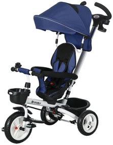 HOMCOM 6-w-1 Trójkołowiec dla dzieci z rączką do pchania, z daszkiem, pasem, koszem na bagaż, 18+ miesięcy, Granatowy
