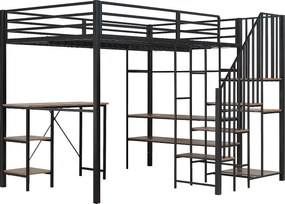 Łóżko antresolowe 120x200 cm - z biurkiem i półką - z otwartą szafą - bezpieczna drabinka 4-stopniowa - Czarne + Naturalny (bez materaca)