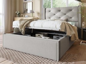 Łóżko z pojemnikiem, wyściełane bawełną, 90x200 cm, w zestawie stelaż z listew, jasnoszare