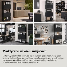 Regał na segregatory z szafką zamykaną, biurowy, otwarte półki, metalowy czarny, 800x2200x400 mm: ARIEL