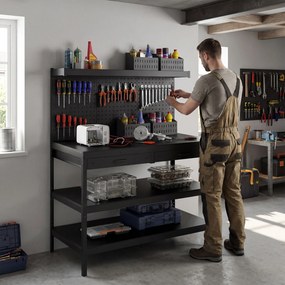 HOMCOM Stacja robocza z regulowanymi półkami, solidna stacja robocza z perforowaną płytą i 2 szufladami, 122 x 61 x 156 cm, Czarna | Aosom PL