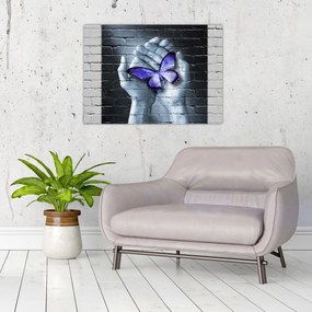 Obraz na szkle - Fioletowy motyl na ścianie (70x50 cm)