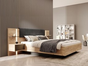 Łóżko z szafkami nocnymi160 x 200 cm - Z diodami LED - Kolory: Naturalny i Antracyt + Stelaż - ELYNIA