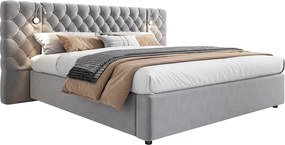 Łóżko ze schowkiem 180 x 200 cm z dużym wezgłowiem i lampką nocną - Aksamit - Kolor szary (Bez materaca)