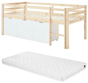 Łóżko podwyższone 90 x 190 cm z miejscem do przechowywania - Sosna i MDF - Kolor: Naturalny i biały + Materac - LANIORI