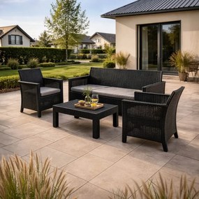 Zestaw Mebli Ogrodowych SAVIO Czarny Sofa 2x Fotel Stolik Tarasowy Technorattan Nowoczesny