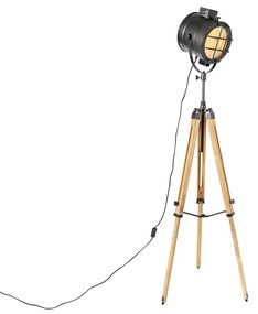 Lampa stojąca Tripod Studio Spot czarna z drewnem - ShinyPrzemysłowy Oswietlenie wewnetrzne