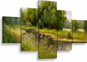 Obraz - Rzeka przy lesie, obraz olejny (125x70 cm)