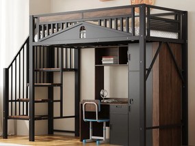 Łóżko antresolowe metalowe 90×200 cm - z drabinką bezpieczeństwa - czarne (materac nie jest dołączony)