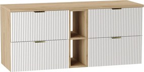 Szafka pod umywalkę WENA, z regałem, ryflowane fronty, Willy, 140x60x47 cm, Biała/Orzech