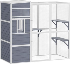 PawHut Klatka dla kotów na zewnątrz Domek dla kotów z drewna z 3 platformami, odpornym na warunki atmosferyczne dachem i miejscem do odpoczynku dla 3-4 kotów do 10 kg, Szary | Aosom PL