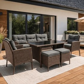 Zestaw Mebli Ogrodowych ATLANTA Brązowy Sofa Pufy Stolik Tarasowy Technorattan Nowoczesny