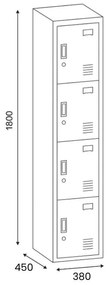 Szafka skrytkowa, 4 schowki, 1800 x 380 x 450 mm, zamek cylindryczny, drzwi czerwone
