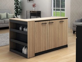 Zestaw wyspa kuchenna + 2 stołki barowe - Czarny i naturalny jasny - NUSICE