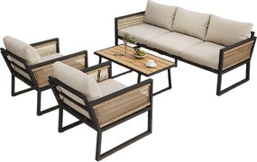 Zestaw mebli ogrodowych modułowych 5-osobowych ze stali ocynkowanej: 1 sofa 3-osobowa + 2 fotele + prostokątny stolik kawowy - Beżowy