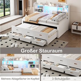 Rozkładana sofa - 90 x 200 cm + 90 x 190 cm - z diodami LED + 3 szuflady + stolik nocny + USB + Typ C - płyta wiórowa + MDF - biała