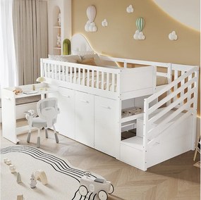 Wielofunkcyjne łóżko piętrowe dla dzieci - 90 x 200 cm - z biurkiem/szafą - 2 szafki w schodach - sosna + MDF - białe