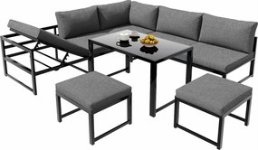 Modułowy zestaw mebli ogrodowych z aluminium na 7 miejsc - regulowany fotel z funkcją odchylania - 2 sofy, 2 stołki i 1 stół - Szary