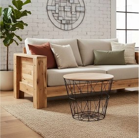 Czarny okrągły stolik kawowy z metalu i drewna Paulownia, średnica 38 cm, wysokość 30,5 cm, nowoczesny design