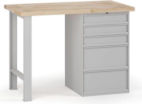 Stół warsztatowy G7, blat bukowy, 1200 x 685 x 840 mm, 1x kontener, 5x szuflada, szary