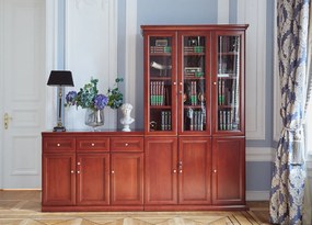 Klasyczna szafa do gabinetu, górne drzwi przeszklone, dolne pełne. Wymiary 120x40x220 cm. Szafa jest fornirowana drewnem, kolor koniak, fronty wykończone płyciną.