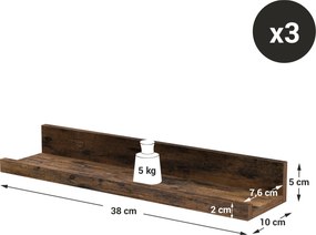 Zestaw 3 szt. półek ściennych TAYLOR 38x10 cm, rustykalny brązowy