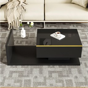 Stolik kawowy błyszczący - 100 x 50 x 32,5 cm - ze szkłem + efekt LED + schowek - płyta wiórowa - czarny