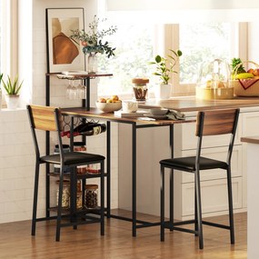 HOMCOM 3-częściowy zestaw stołów barowych, 1 stół, 2 hokery, z regałem na wino, uchwytem na szklanki, otwartymi półkami, podnóżkami, brązowy