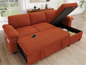 Kanapa Narożna Rozkładana 212x150x89cm - Kanapa Rewersyjna ze Skrzynią na Pościel, Porty USB/Type-C, Regulowane Oparcie, Tkanina Welurowa Prążkowana - Pomarańczowy
