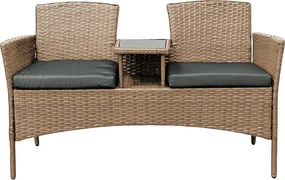 Meble ogrodowe Ratina, dwuosobowa sofa ze stolikiem, kolor naturalny, poduszki szare