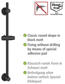 Czarny samoprzylepny drążek prysznicowy na słuchawkę ze stali nierdzewnej 70 cm – Wenko