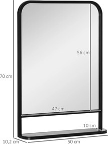 HOMCOM Lustro Ścienne z Półką 70x50 Metal Czarny Srebrne Zaokrąglone Krawędzie Stylowe | Aosom PL