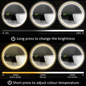 HOMCOM Okrągłe Lustro Łazienkowe z LED, Lustro Łazienkowe z Funkcją Przeciwmgielną, Dotykowa Obsługa, Wyświetlacz