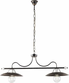 Żyrandol piwniczny lakierowane żelazo brązowe ze złotymi zdobieniami i białymi wykończeniami, 2 lampy, 87x30 cm