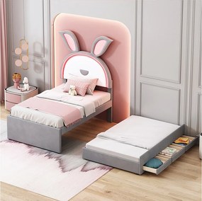 Łóżko wysuwane 90x200 cm - Łóżko dziecięce z szufladami, oświetleniem LED, stelażem - szary aksamit - materac nie jest wliczony w cenę