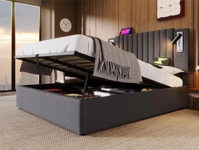 Łóżko z pojemnikiem 140x200cm z tkaniny bawełnianej - z lampkami do czytania i portami ładowania USB - z stelażem na listwach - Szare