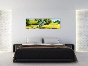 Obraz - rzeka między łąkami, obraz olejny (170x50 cm)