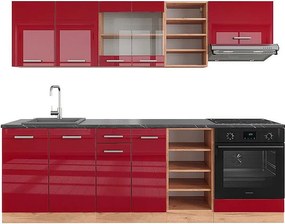 Zabudowa kuchenna czerwony wysoki połysk/złoty dąb 240x60x81.6 r-line