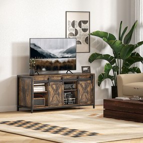 HOMCOM Niski stolik pod TV, design industrialny, na telewizory do 60'', 6 przegródek, 2 drzwi przesuwne, Brąz/Czarny