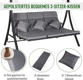 Outsunny Huśtawka Ogrodowa 3-osobowa, w zestawie z poduszkami, odporna na warunki atmosferyczne, 200 cm x 115 cm x 168 cm, Szara