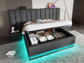 Łóżko tapicerowane z lnu 180×200cm - z LED i ładowaniem - z stelażem na listwach - Szare
