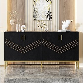 Nowoczesna komoda 4-drzwiowa do salonu - 160 x 40 x 80,5 cm - z metalowymi nogami + regulowane półki - MDF - czarna