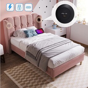Łóżko tapicerowane 90 x 200 cm z regulowanym zagłówkiem - Aksamit - USB Typ C i LEDy - Różowe