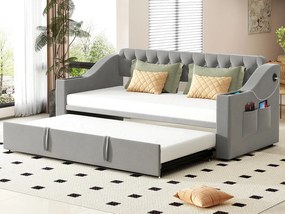 Łóżko piętrowe 90/180x190 cm - z gniazdkami i kieszenią na przechowywanie - materiał aksamitny - Szary