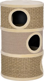 PawHut Tuba do drapania, 79 cm wys., Ø45 cm, trzy poziomy, sizalowy sznur, norka dla kota, dla dużych kotów, Khaki+Brąz