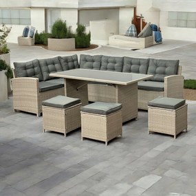 Narożnik ogrodowy ze stołem i pufami Mexico 019 jasny beż, poduszki szare